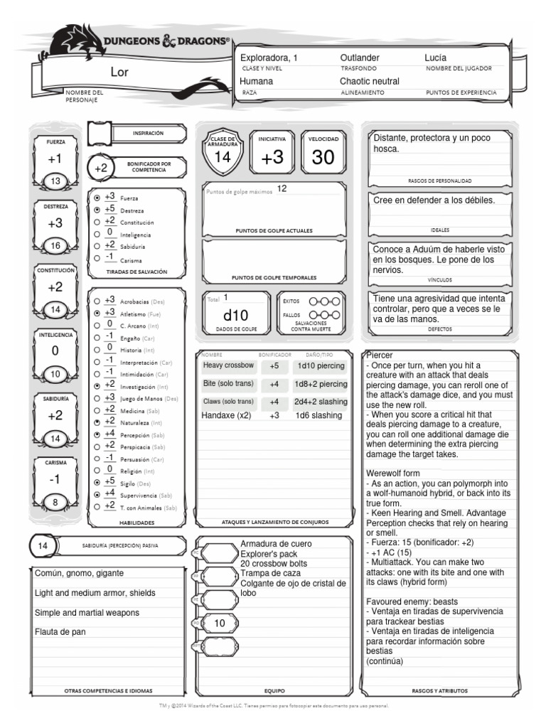 Ficha de Personaje: Lor, Exploradora | PDF