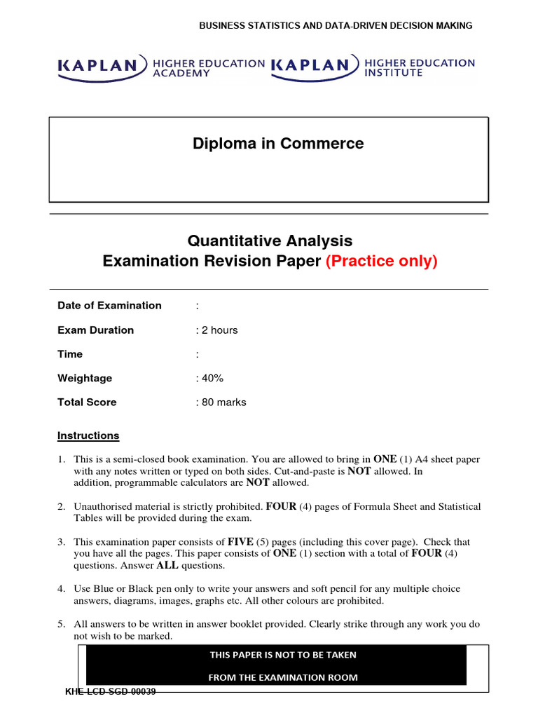Quantitative Analysis Exam Revision Paper | PDF | Normal Distribution ...