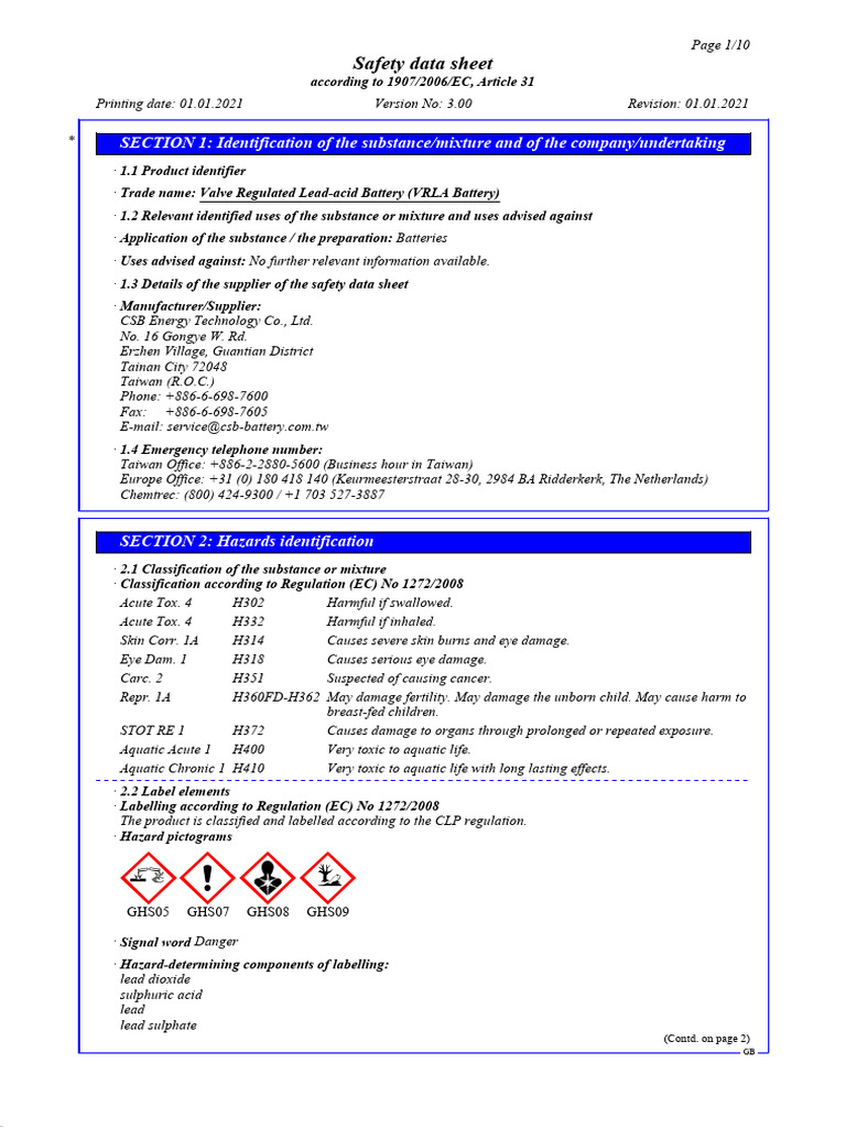 CSB VRLA Battery Safety Data Sheet | PDF | Toxicity | Firefighting