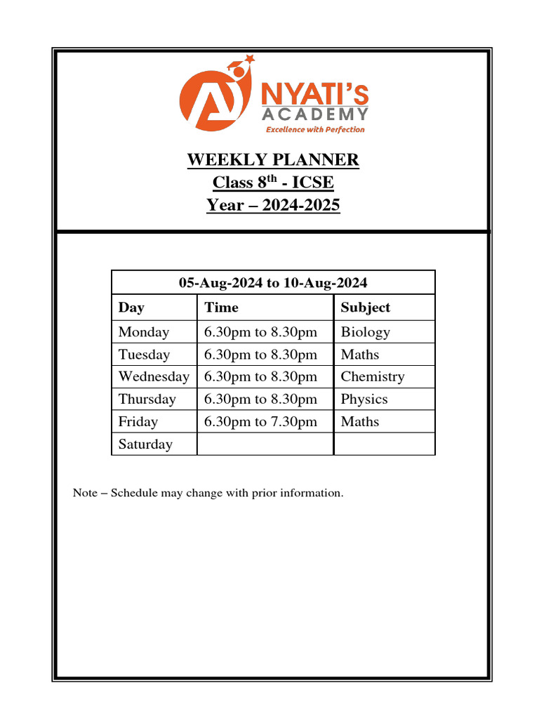 ICSE Class 8 Weekly Planner 2024-25 | PDF