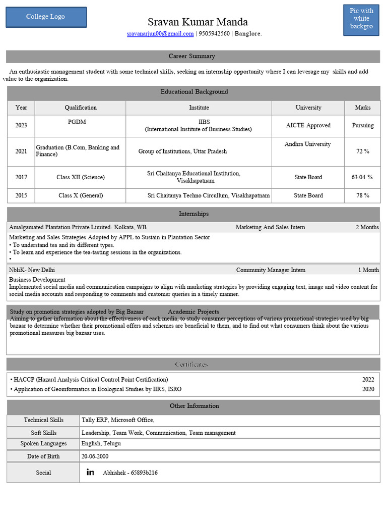 Sravan Kumar Manda: Career Summary | PDF | Business Economics | Business