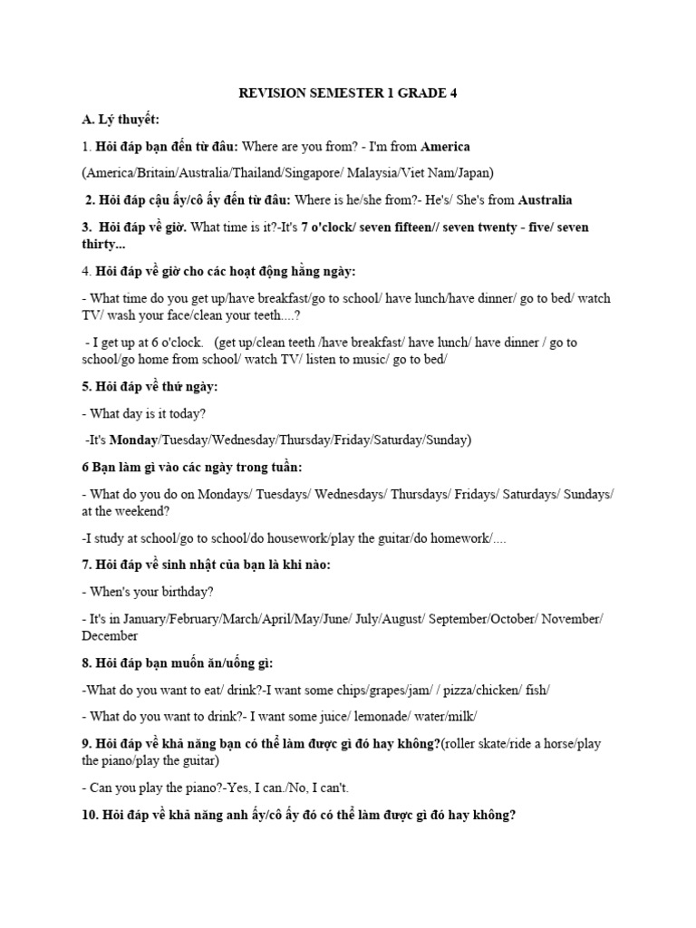 Grade 4 Semester 1 Revision Guide | PDF | Travel | Language Arts ...