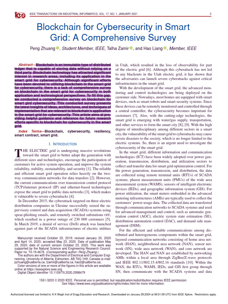 Blockchain For Cybersecurity in Smart Grid A Comprehensive Survey | PDF ...