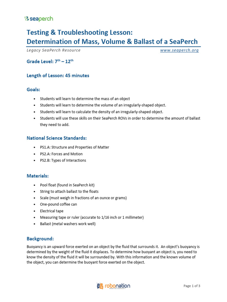 Mass, Volume & Ballast for SeaPerch ROVs | PDF | Buoyancy | Density