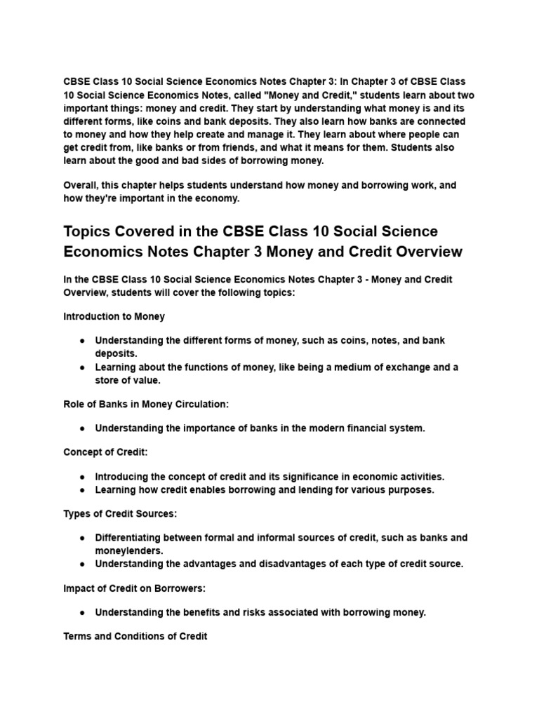 Class 10 Economics: Money and Credit Notes | PDF | Money | Banks