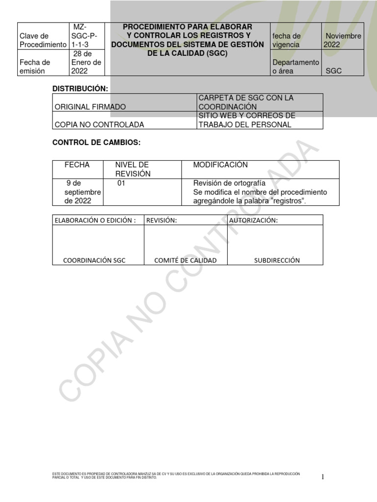 Control de Registros del SGC | PDF | Sistema de manejo de calidad ...