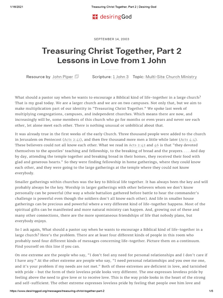 Treasuring Christ Together, Part 2 - Desiring God | PDF | Ministry Of ...