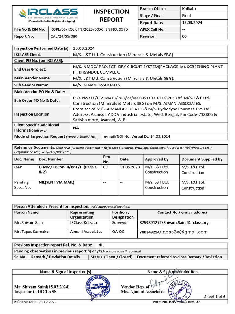 Final Inspection Report for L&T Project | PDF | Metrology | Calibration