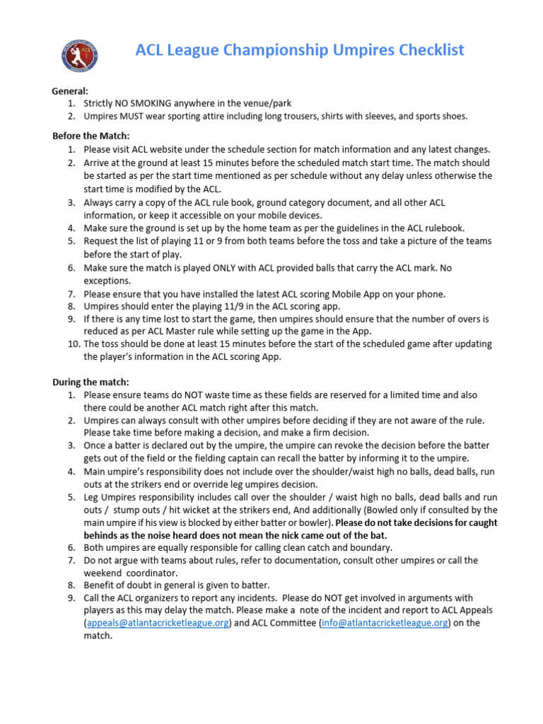 ACL Umpires Checklist 2024 | PDF | Sports Rules And Regulations | Sports