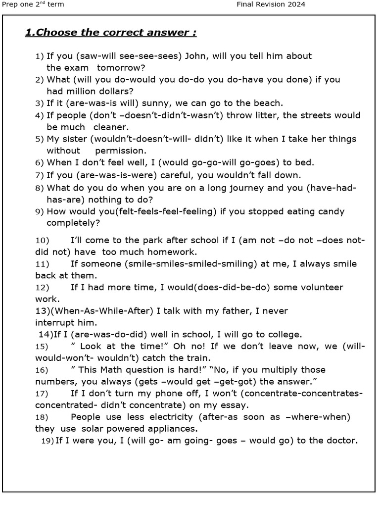 Final Revision Prep 1 2nd Term 2024 | PDF