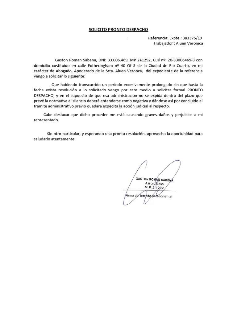 Solicito Pronto Despacho 383375-19 | PDF