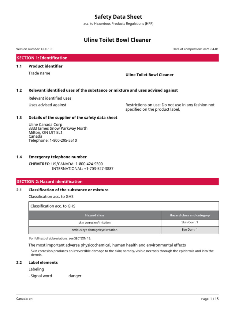 Uline Toilet Bowl Cleaner Safety Data Sheet | PDF | Safety ...