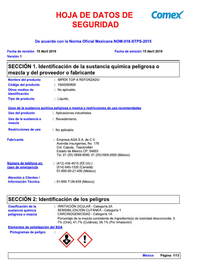 Hoja de Seguridad Imper Top A Reforzado | PDF