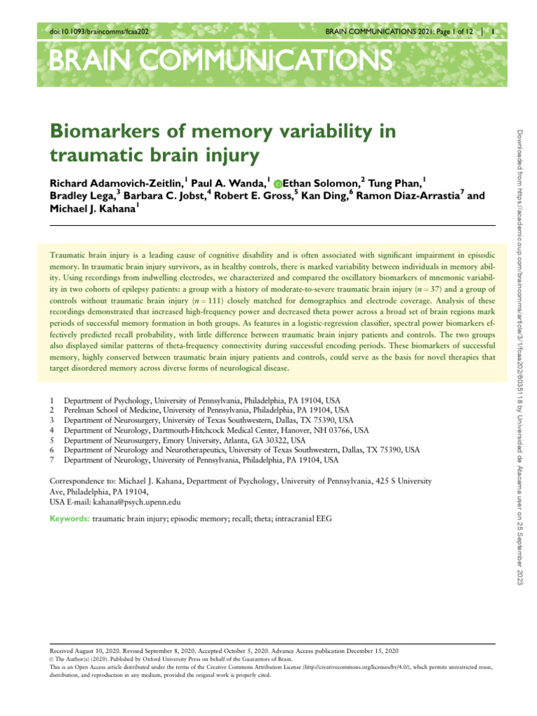 Art - Biomarkers of Memory Variability in Traumatic Brain Injury | PDF ...
