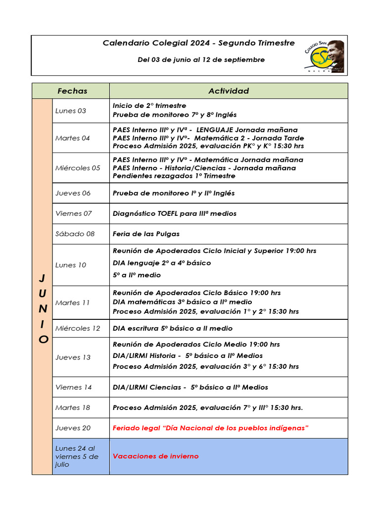 Calendario 2o Trimestre 2024 Comunidad CSA | PDF | Estudios de idiomas ...