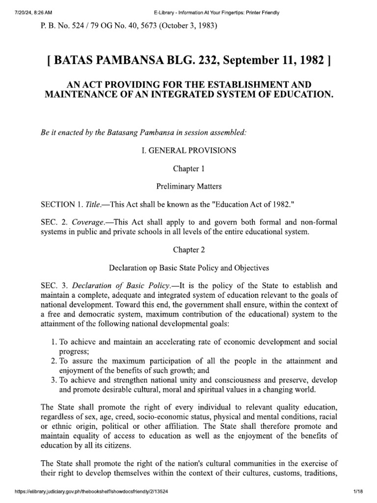 BP 232 Education Act of 1982 | PDF