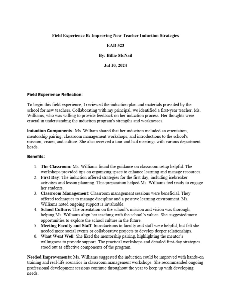 Field Experience B - Improving New Teacher Induction Strategies | PDF ...