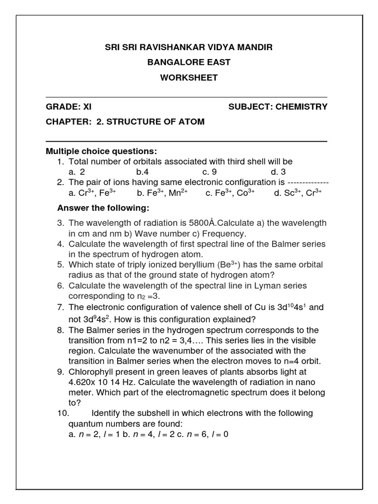 Sri Sri Ravishankar Vidya Mandir Bangalore East Worksheet | PDF