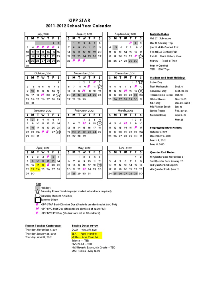 KIPP STAR 2011 Parent Calendar PDF Schools Further Education