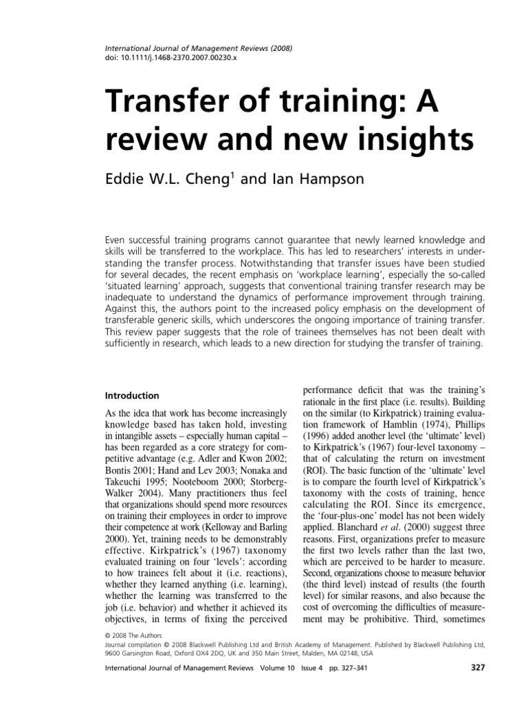 Transfer of Training: A Review and New Insights: Eddie W.L. Cheng and ...