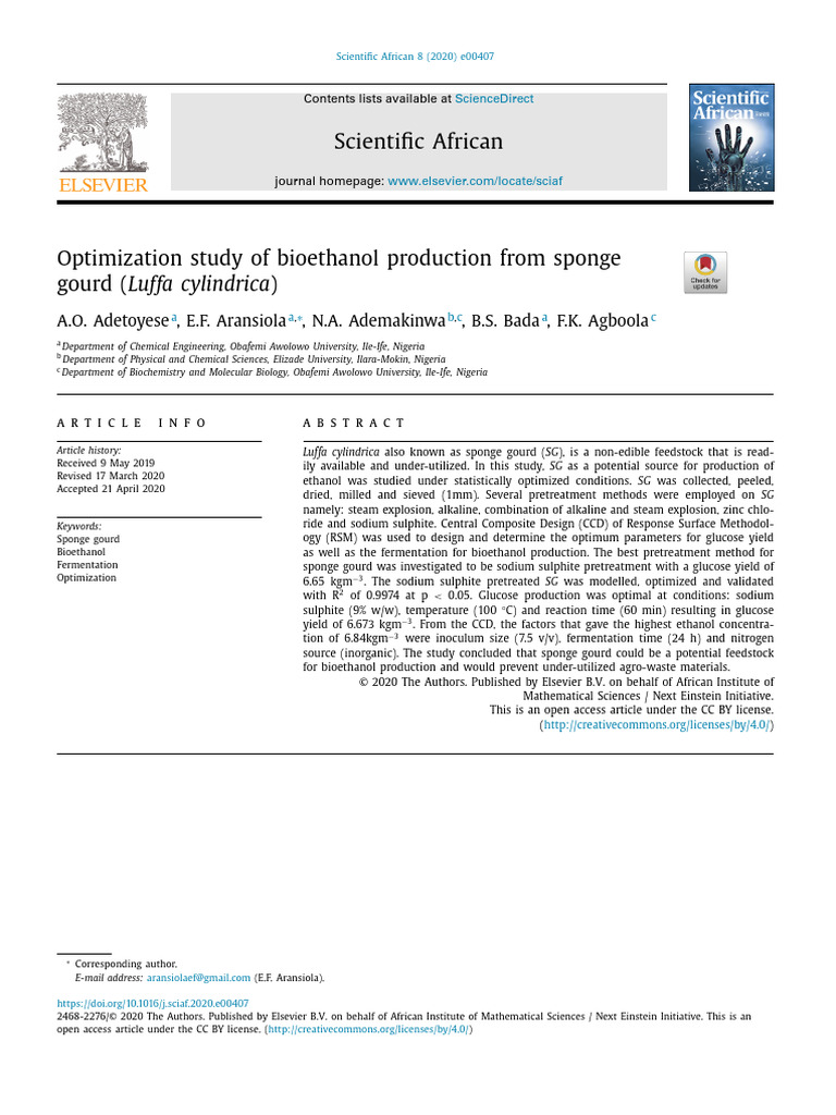 Optimization Study of Bioethanol Production From Sponge Go - 2020 ...