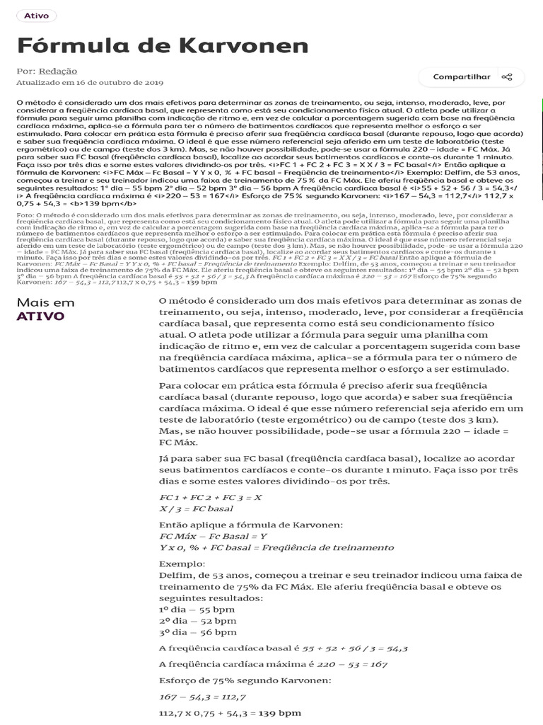 Fórmula de Karvonen - Ativo | PDF | Frequência cardíaca | Coração