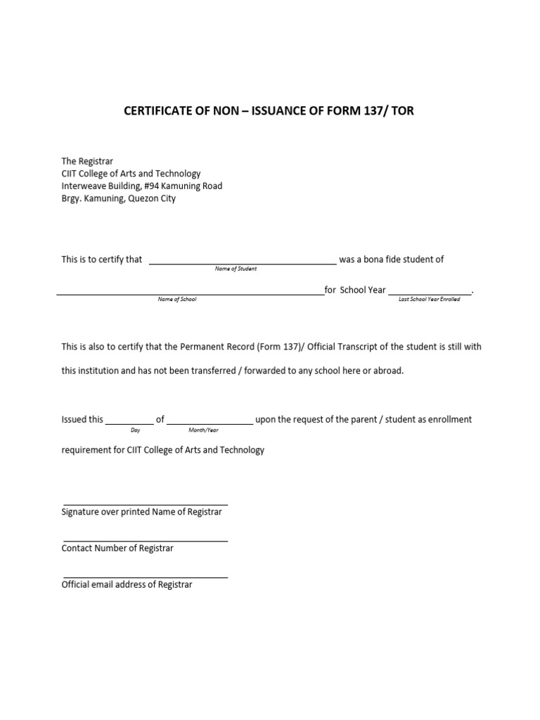 Certificate of Non-Issuance of Form 137 | PDF