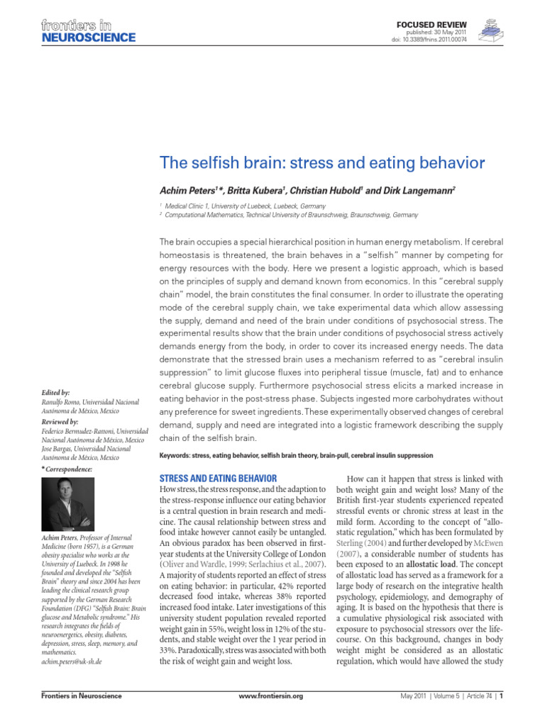 The Selfish Brain Stress and Eating Behavior | PDF | Hypothalamus ...