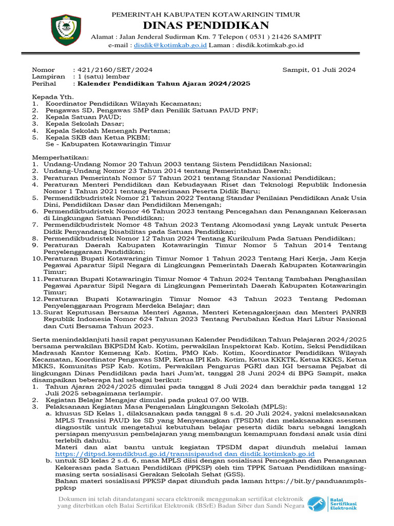 Kalender Pendidikan 2024-2025 Kotim - Sign | PDF