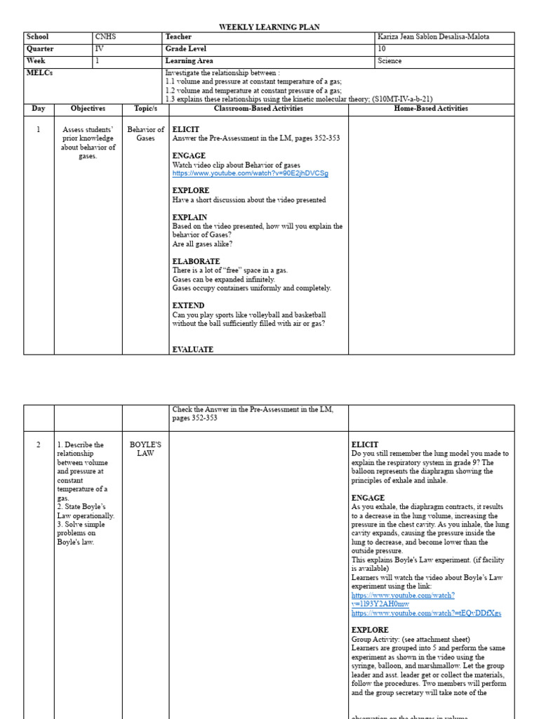Grade 10 Science Weekly Learning Plan | PDF | Gases | Pressure