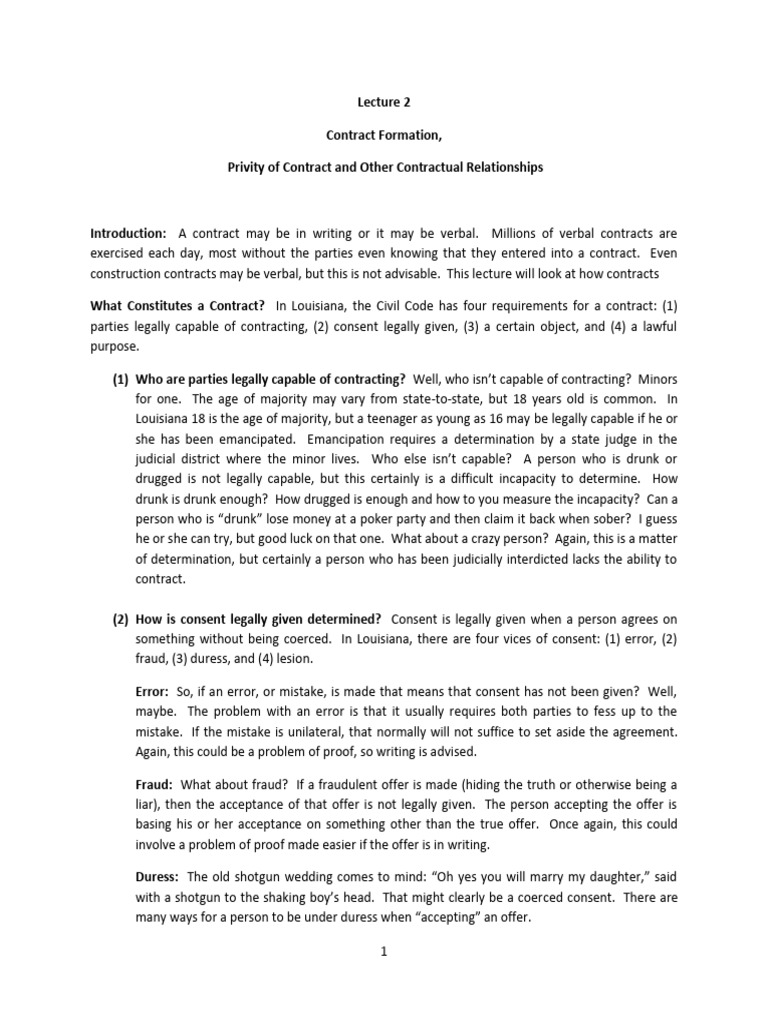 Contract Formation, Privity of Contract, and Other Contractual ...