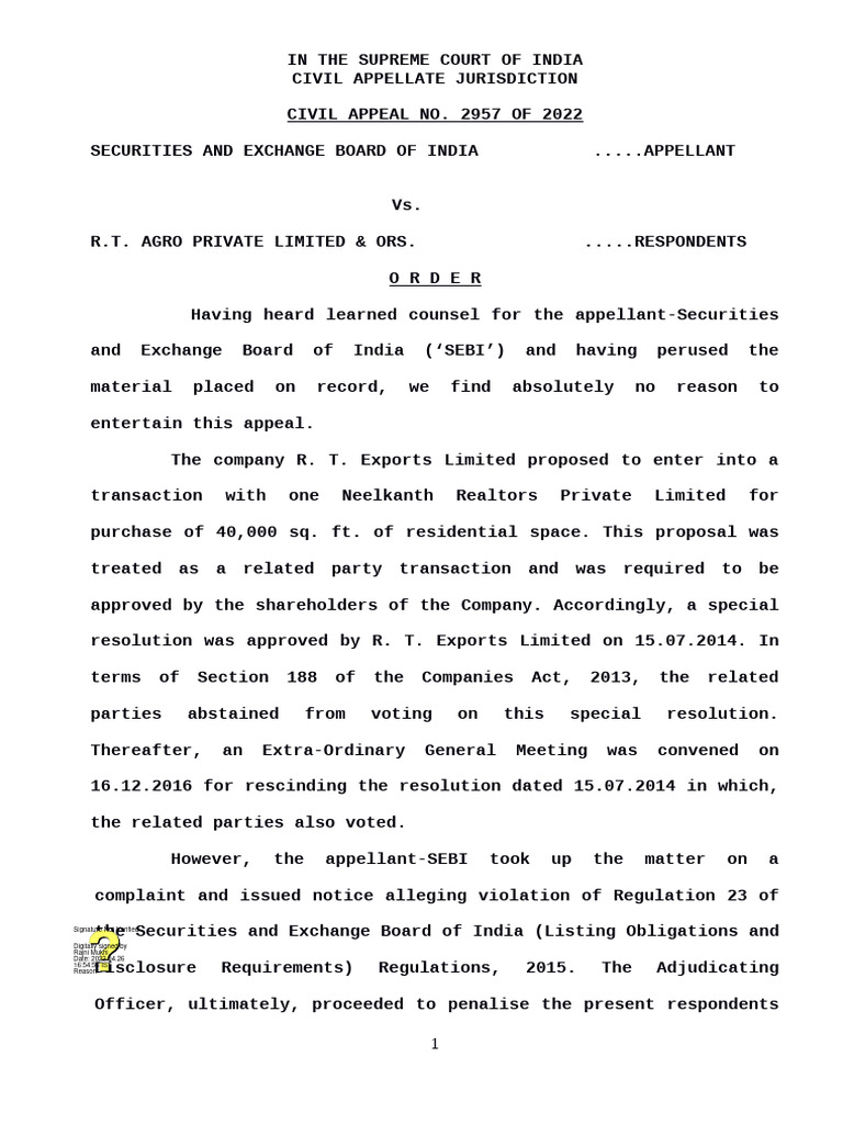 SEBI v. R. T. Agro Private Limited & Ors. | PDF | Appeal | Tribunal