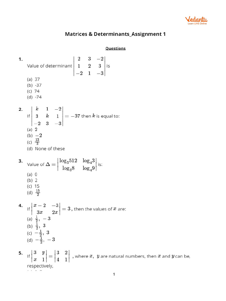 Matrices & Determinants Assignment 1 | PDF | Business