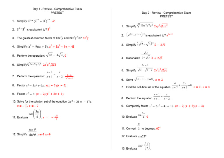 Comprehensive Exam Review: Day 1 & 2 | PDF | Equations | Mathematical ...