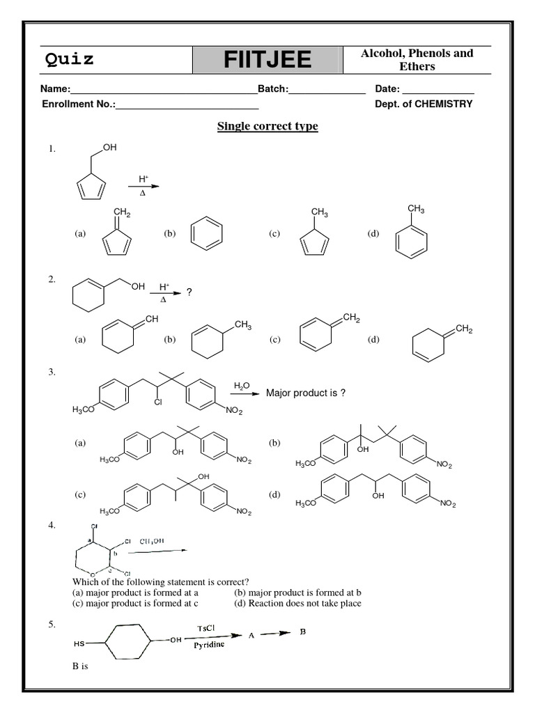 QUIZ-Alcohol, Phenols and Ethers | PDF | Ether | Methyl Group