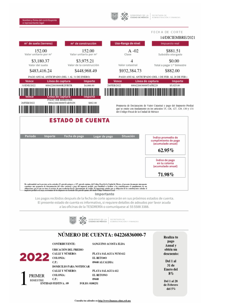 Propuesta de Pago Impuesto Predial 2022 | PDF | Impuestos | Finanzas ...