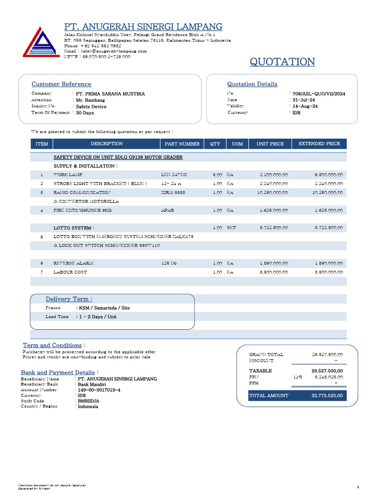 Quotation for Safety Devices Supply | PDF | Service Industries | Payments