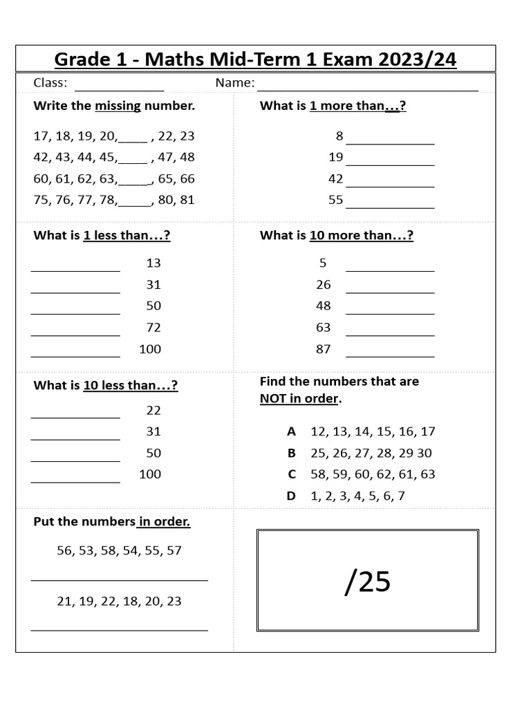 Grade 1 - Maths Mid-Term 1 Exam - XLSX - Sheet1 | PDF