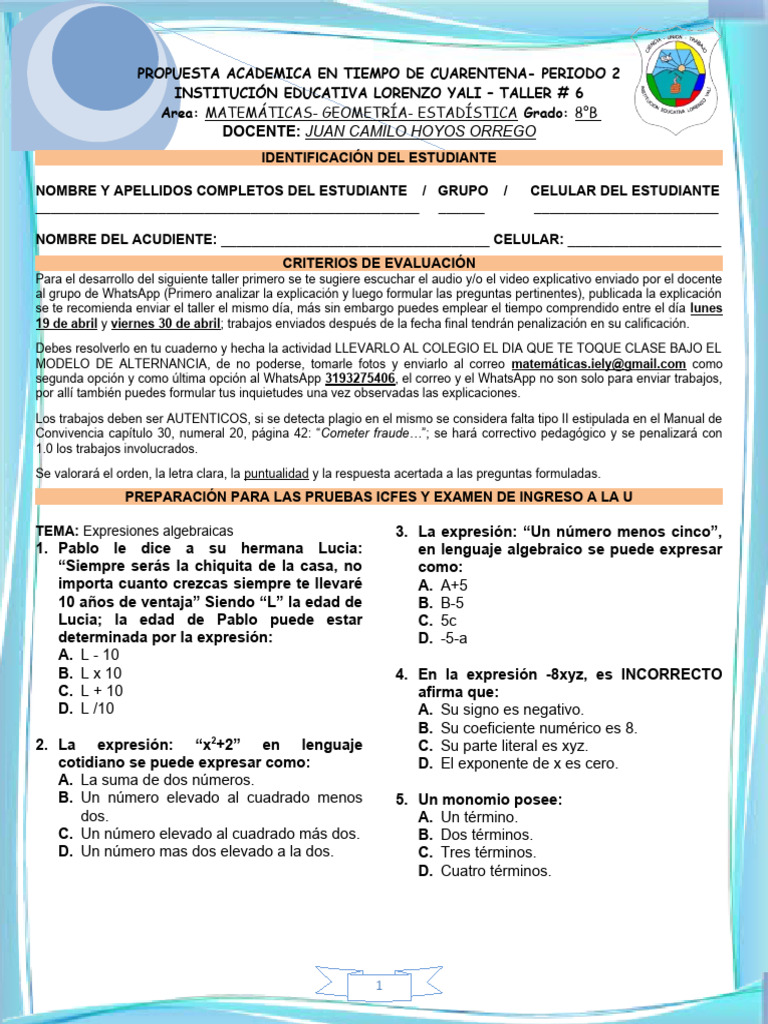 Taller de Matemáticas: Expresiones Algebraicas | PDF | Números | Fórmula