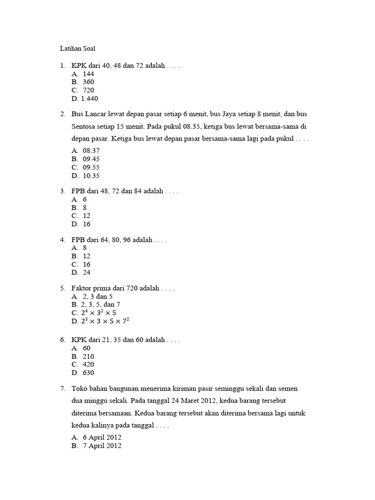 Latihan Soal Matematika (FPB Dan KPK) | PDF