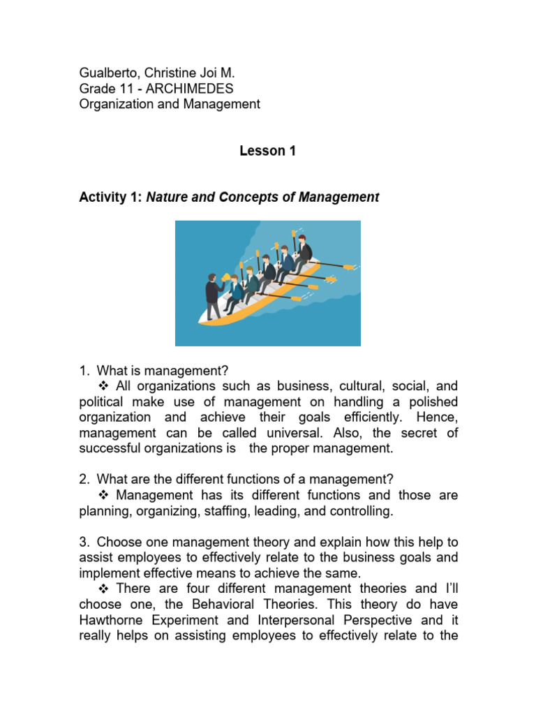 Organization and Management Lesson 1 | PDF | Leadership | Goal