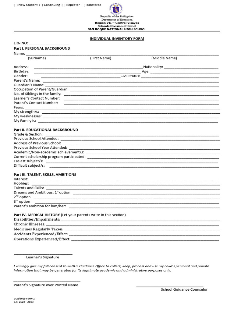 F1 - Individual Inventory Form | PDF | Parent