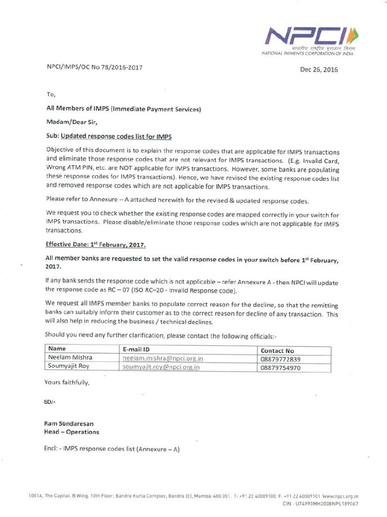 IMPS Response Codes Overview | PDF | Service Industries | Payments