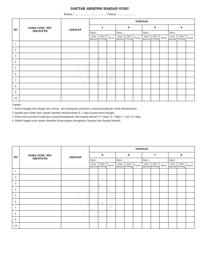 Daftar Absensi Harian Guru | PDF