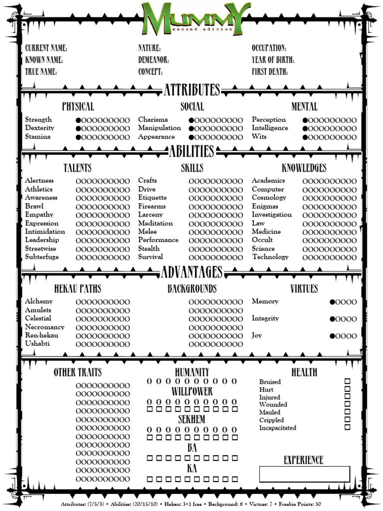 Character Attributes and Abilities Sheet | PDF