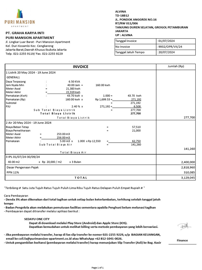 Invoice Listrik dan Air Puri Mansion | PDF