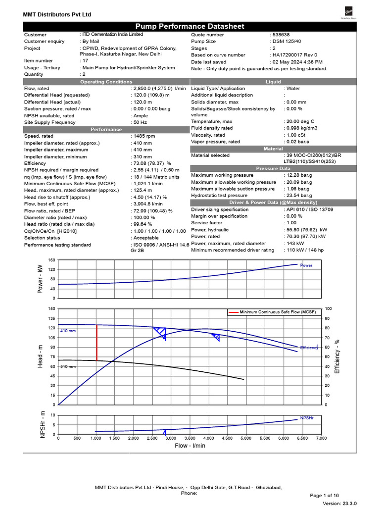 TDS - FF Pumps - CPWD Project, Kasturba Nagar | PDF | Pump | Hydraulics