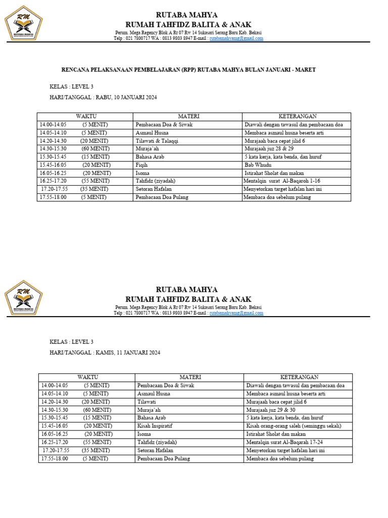 RPP Level 3 Januari - Maret 2024 (Cikarang) | PDF