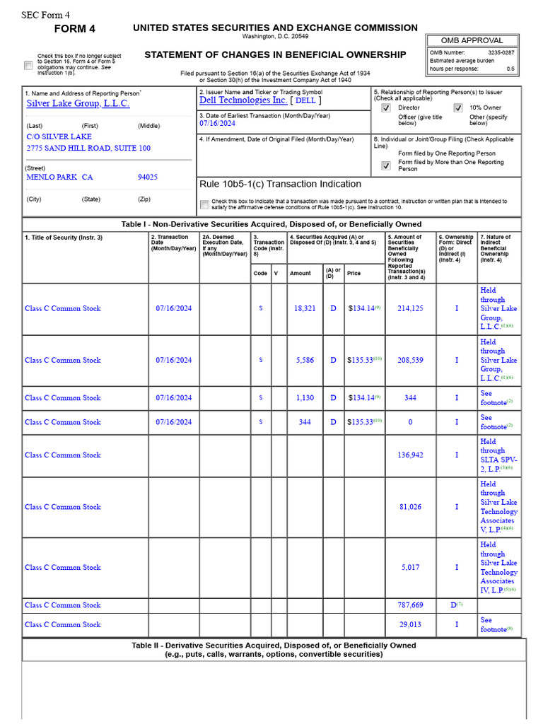 Dell Technologies Form 4 Filing Summary | PDF | Securities (Finance ...