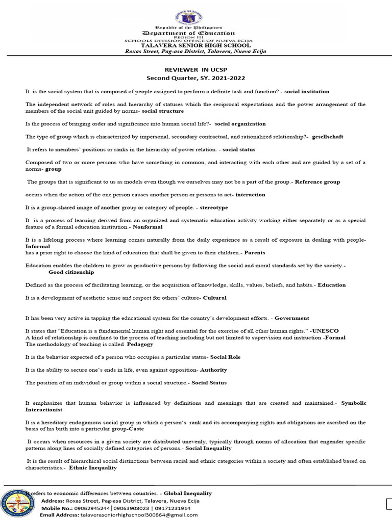 FINAL REVIEWER IN UCSP Summative Test - 2nd Quarter | PDF | Social ...